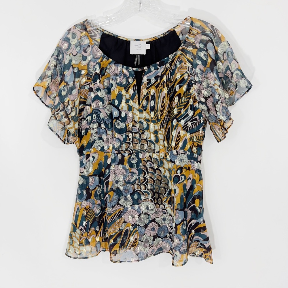 Anthropologie HD In Paris Peacock Prisma Blouse Metallic Silk Print